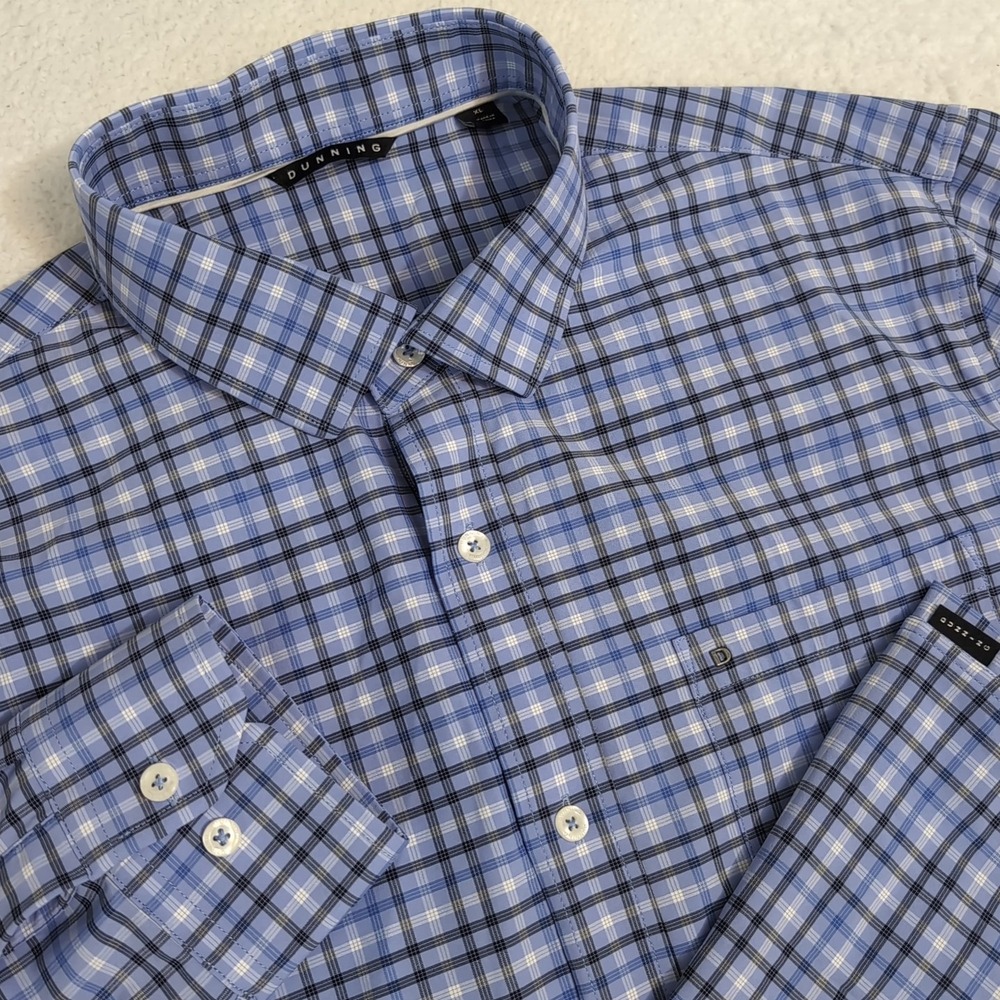 Dunning Shirt Mens 2XL Blue Plaid Button Down Performance Nylon Stretch Comfort - Picture 1 of 10